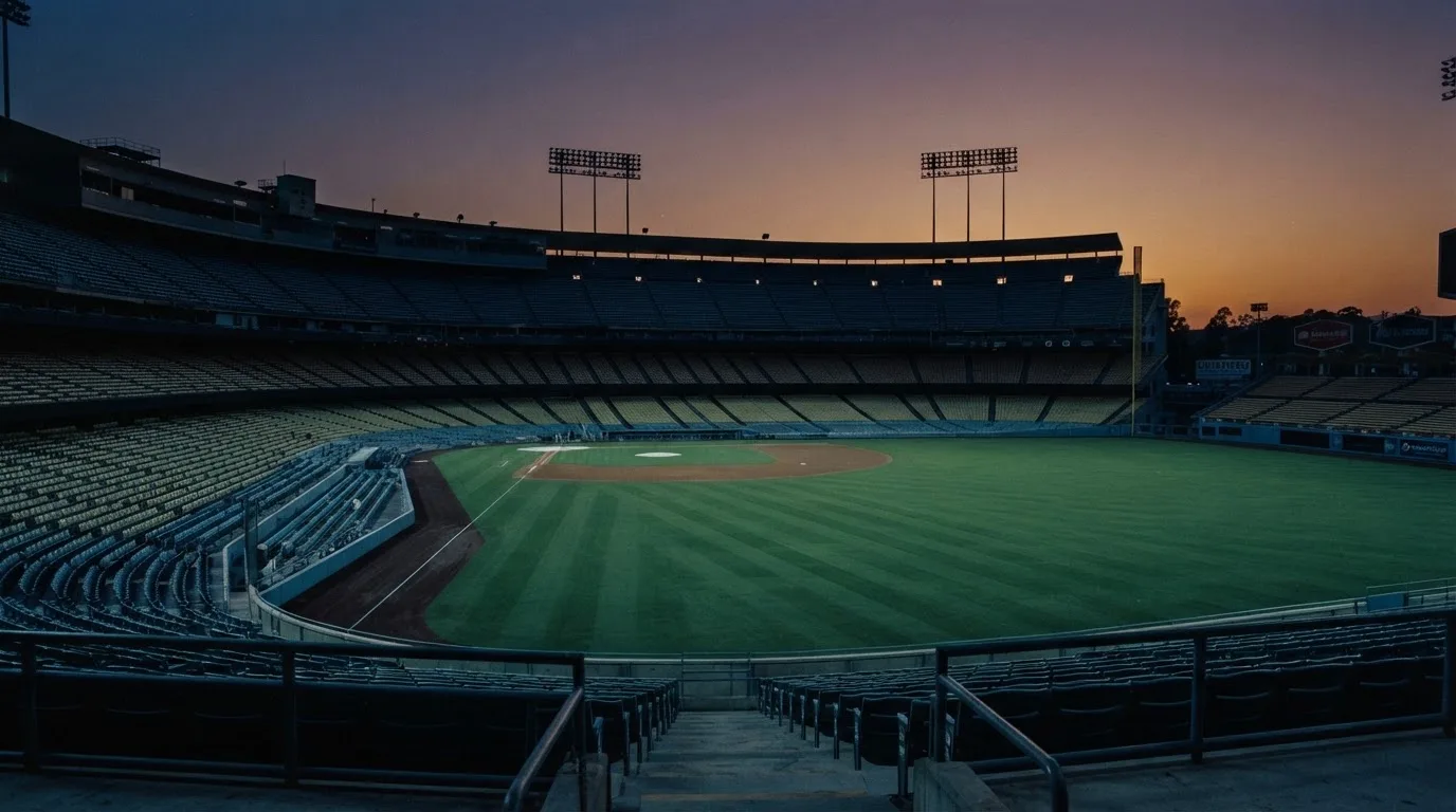 An empty football stadium with floodlight masts at dusk