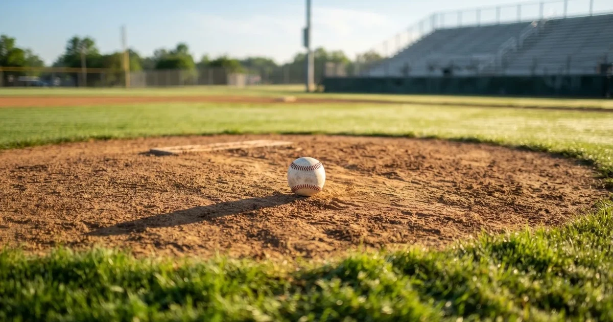 A ball on the centre spot of a grass pitch in morning light