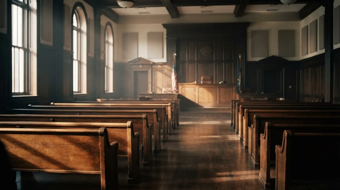 An empty courtroom with wooden benches in morning light