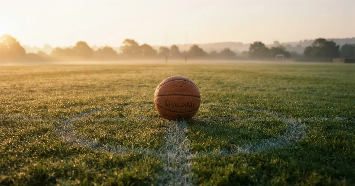 A ball on the centre spot of a grass pitch in morning light