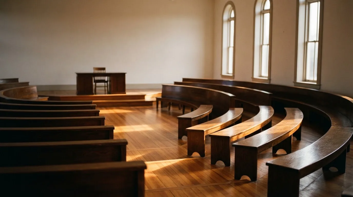 An empty courtroom with wooden benches in morning light