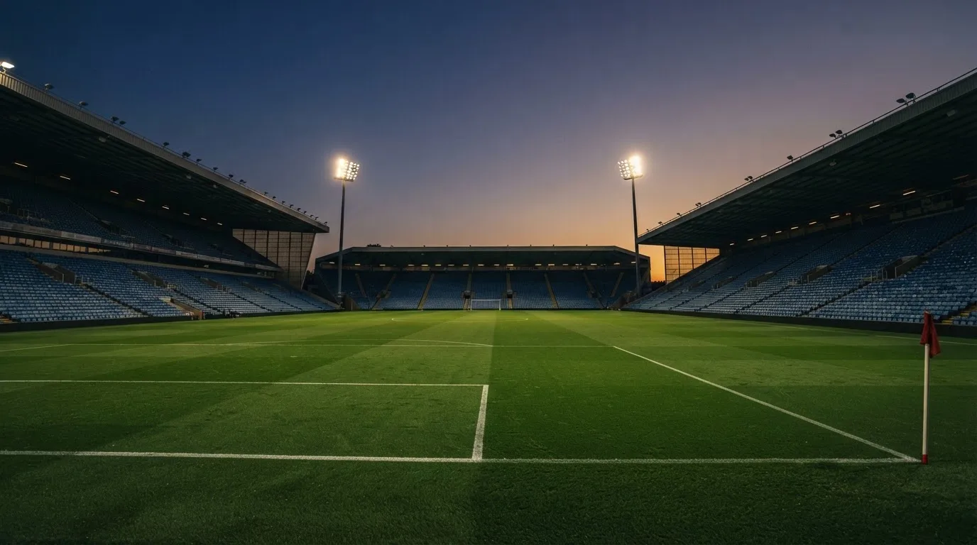 An empty football stadium with floodlight masts at dusk