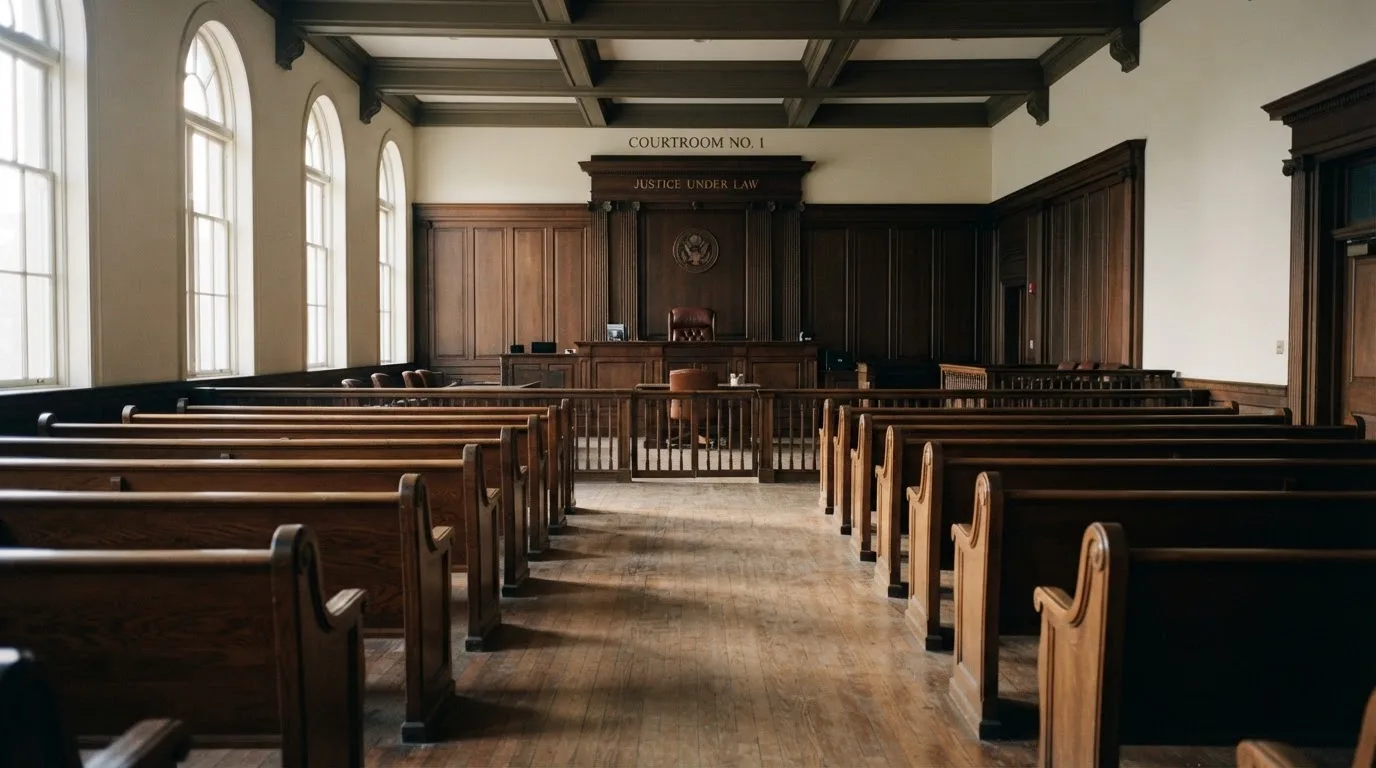 An empty courtroom with wooden benches in morning light