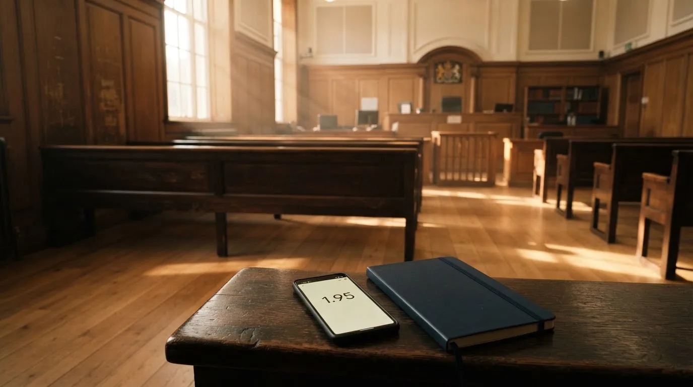 An empty courtroom with wooden benches in morning light