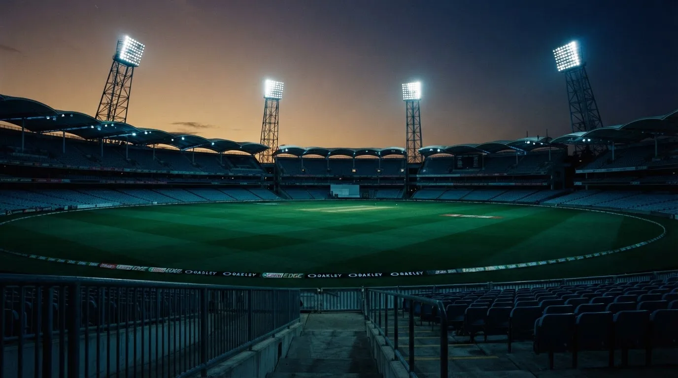 An empty football stadium with floodlight masts at dusk