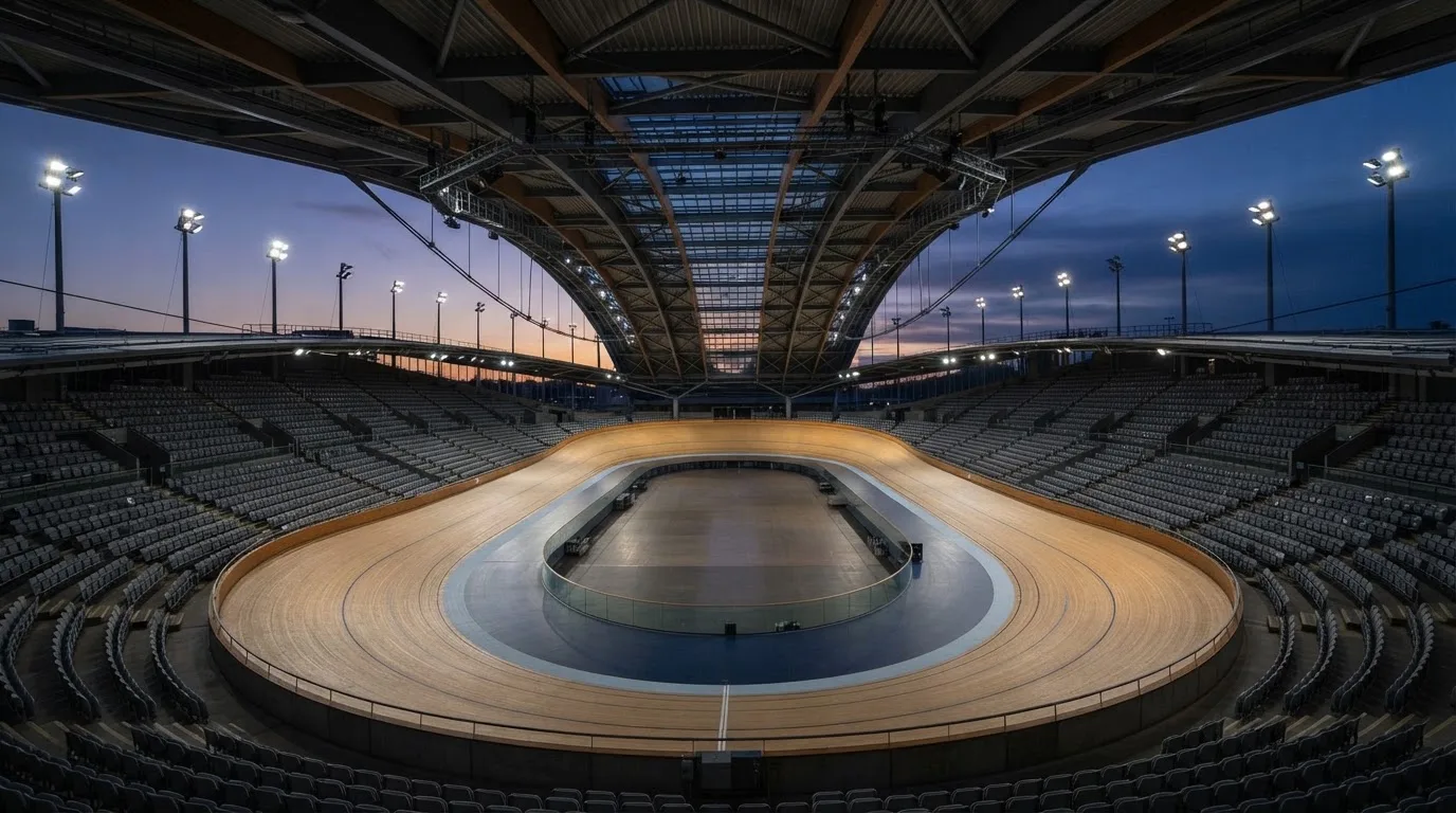 An empty football stadium with floodlight masts at dusk