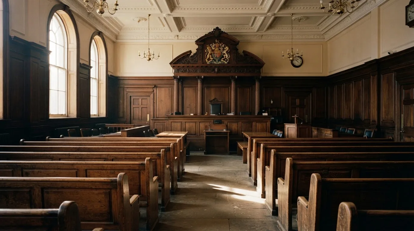 An empty courtroom with wooden benches in morning light