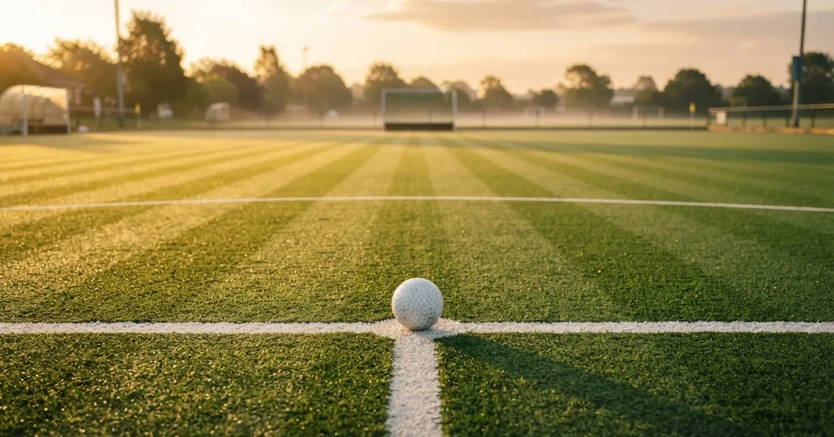 A ball on the centre spot of a grass pitch in morning light