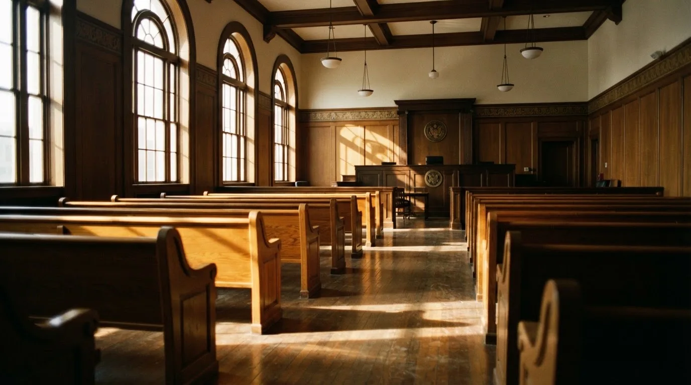 An empty courtroom with wooden benches in morning light
