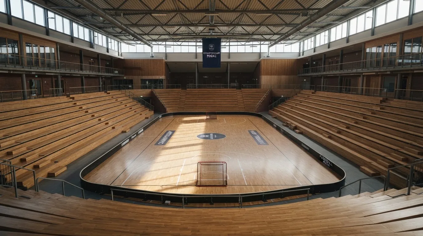 An empty courtroom with wooden benches in morning light