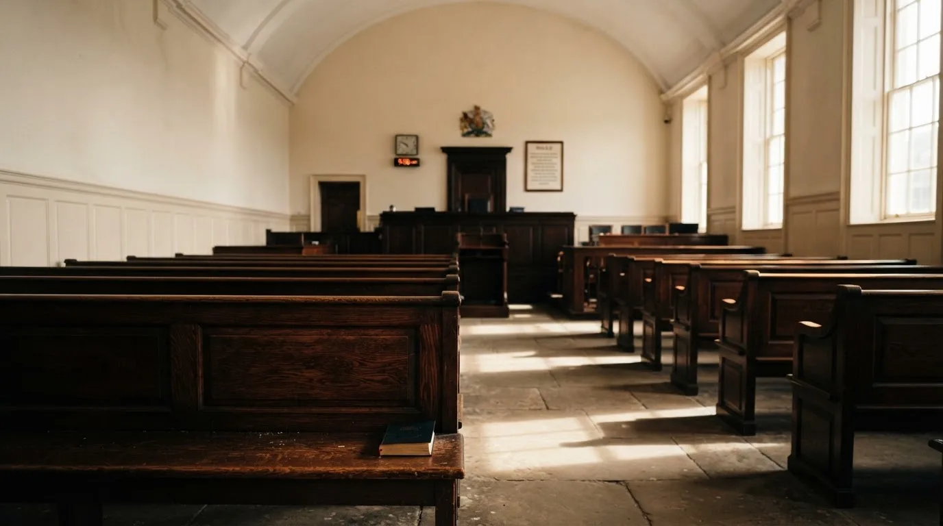 An empty courtroom with wooden benches in morning light