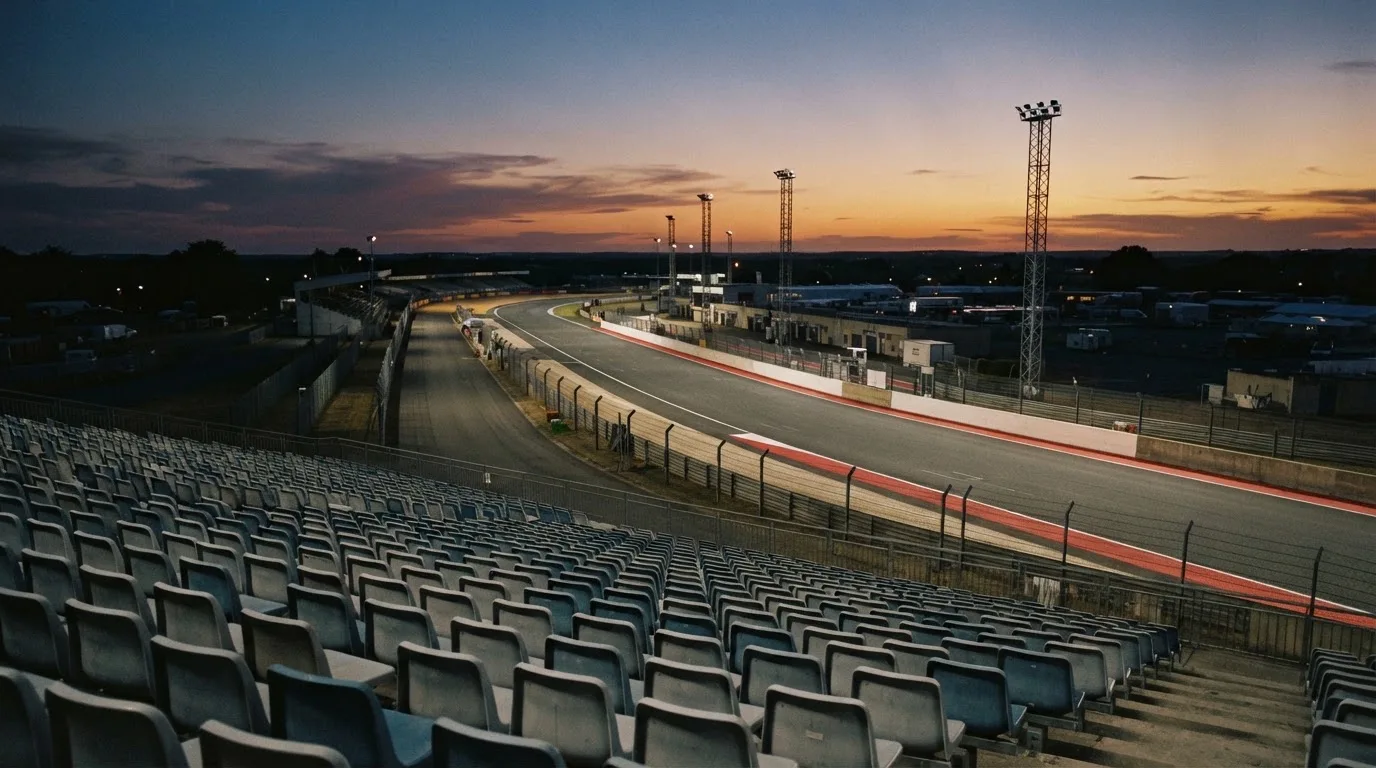 An empty football stadium with floodlight masts at dusk