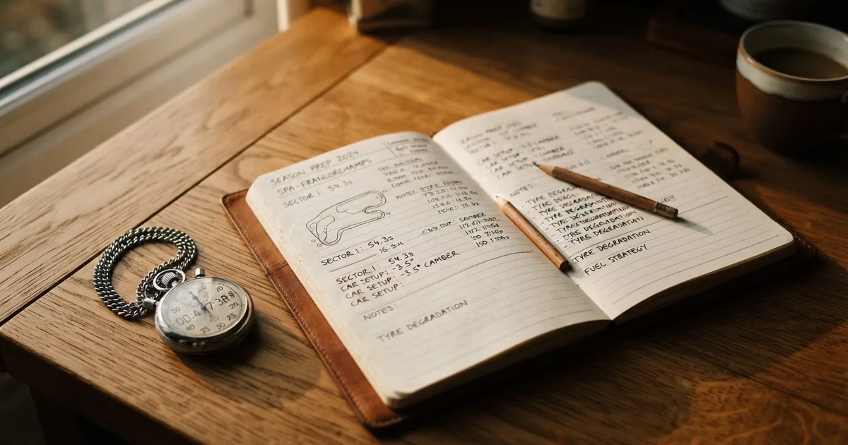 An open notebook with a pencil and a stopwatch on a wooden table
