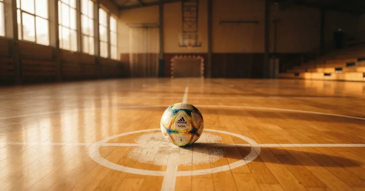 A ball on the centre spot of a grass pitch in morning light