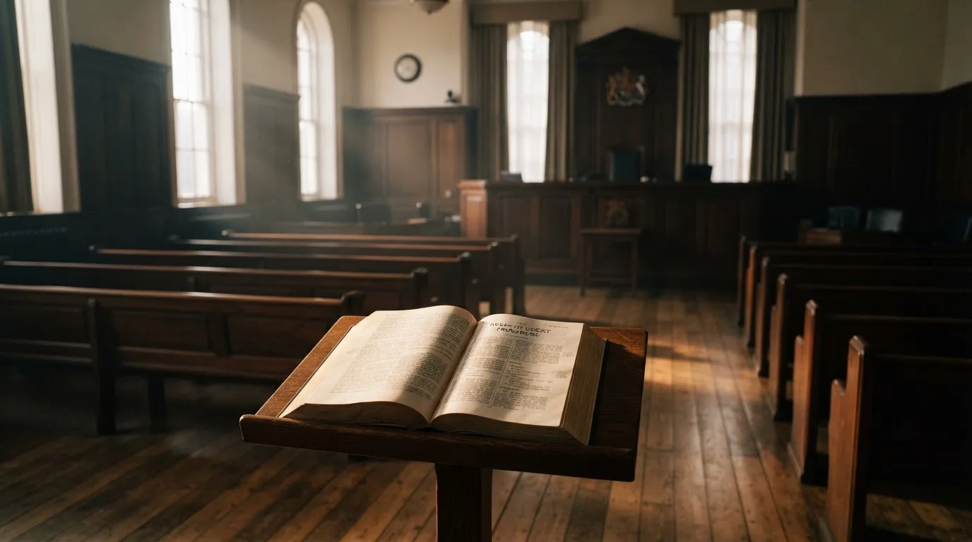 An empty courtroom with wooden benches in morning light