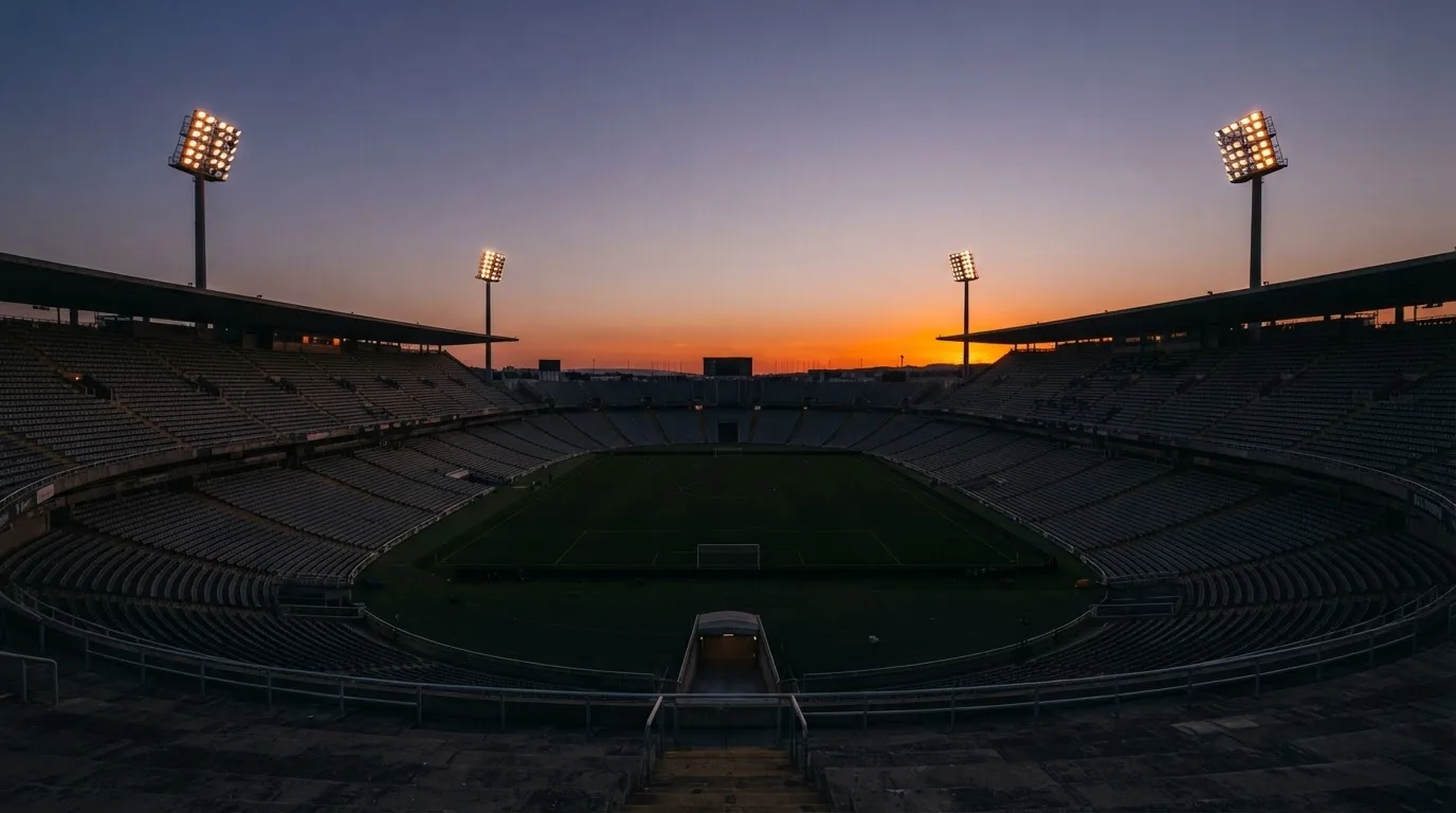 An empty football stadium with floodlight masts at dusk