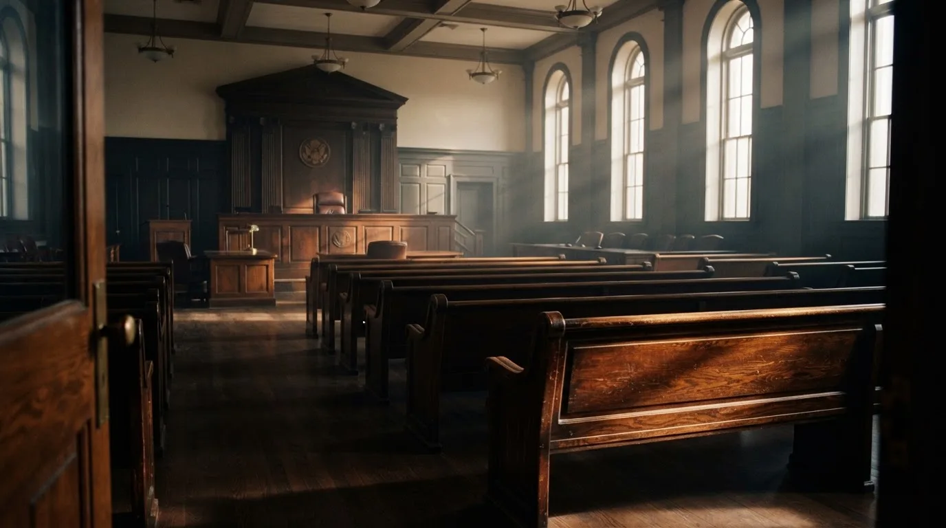 An empty courtroom with wooden benches in morning light