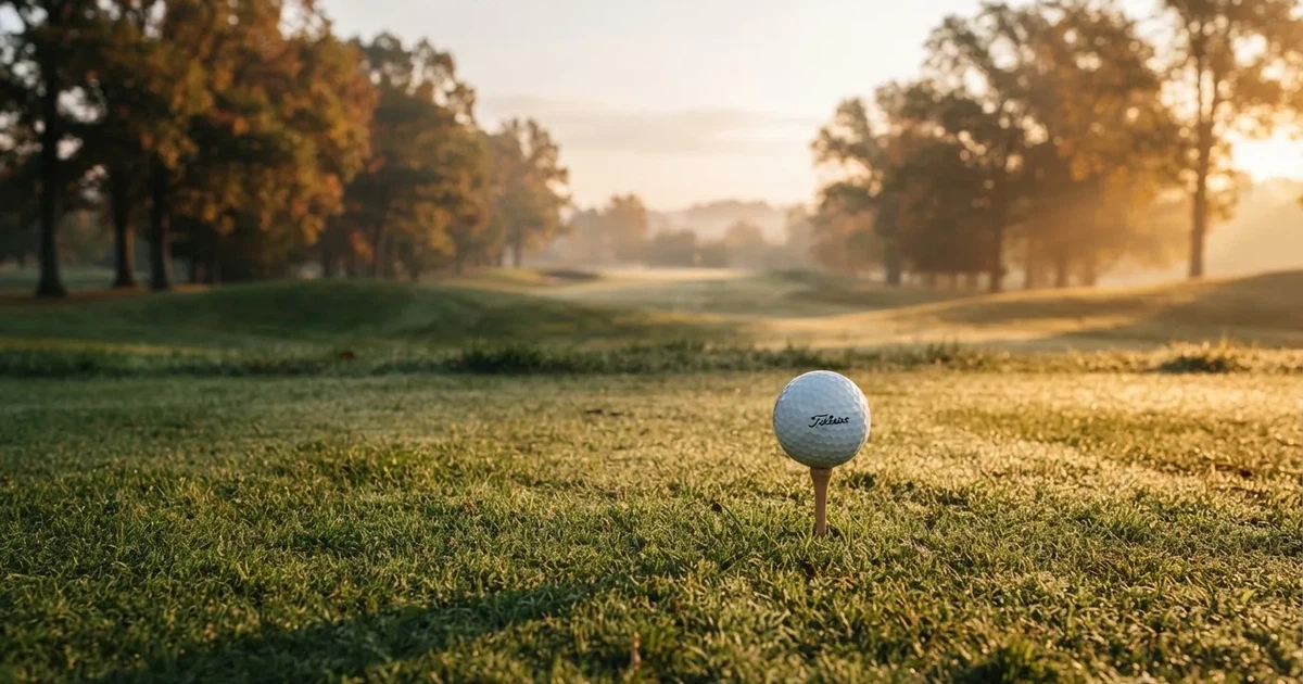 A ball on the centre spot of a grass pitch in morning light