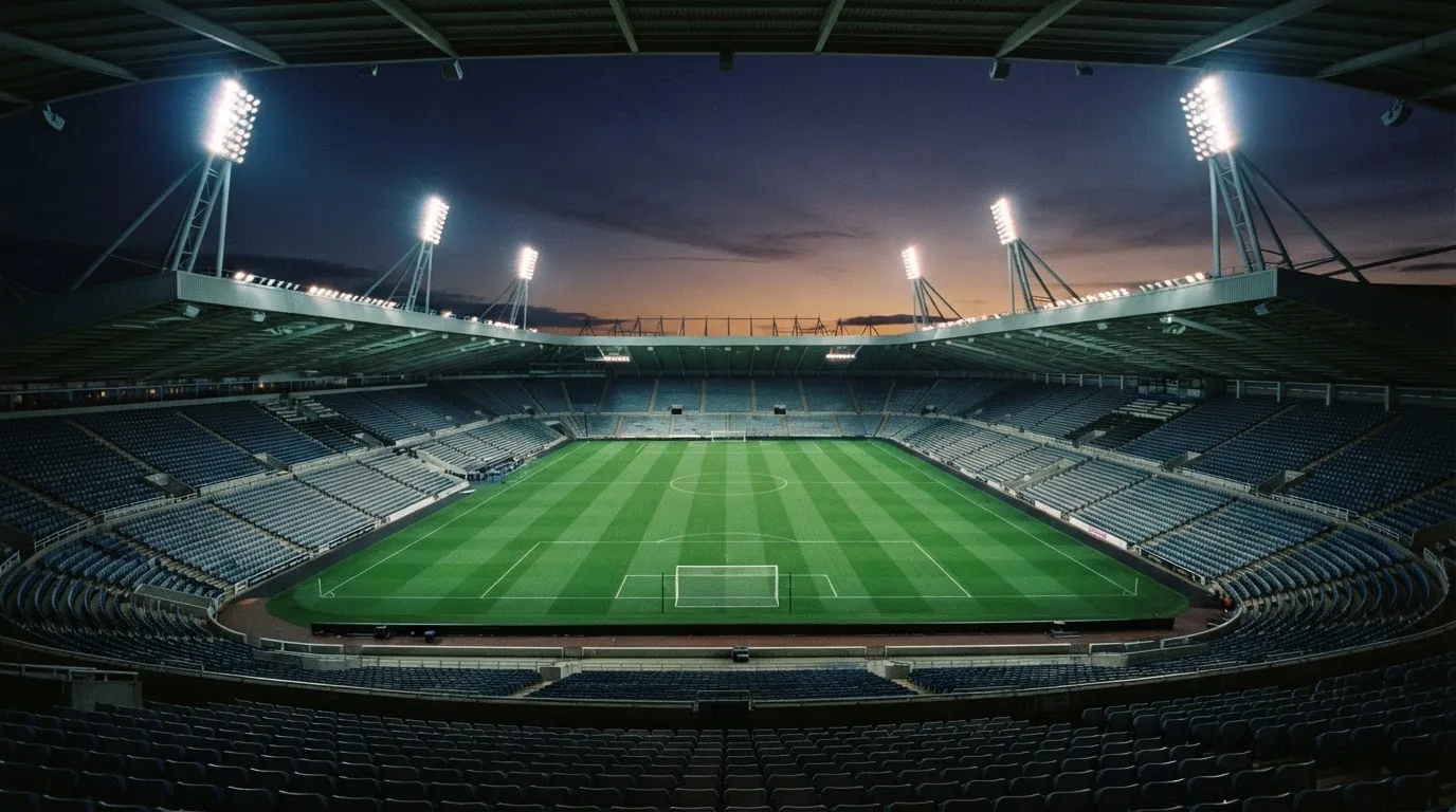 An empty football stadium with floodlight masts at dusk