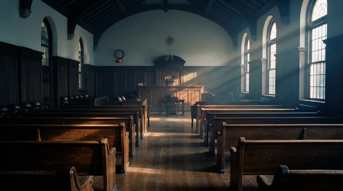 An empty courtroom with wooden benches in morning light