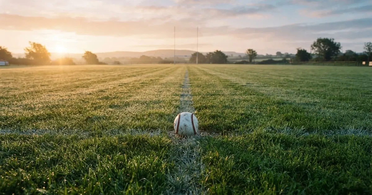 A ball on the centre spot of a grass pitch in morning light