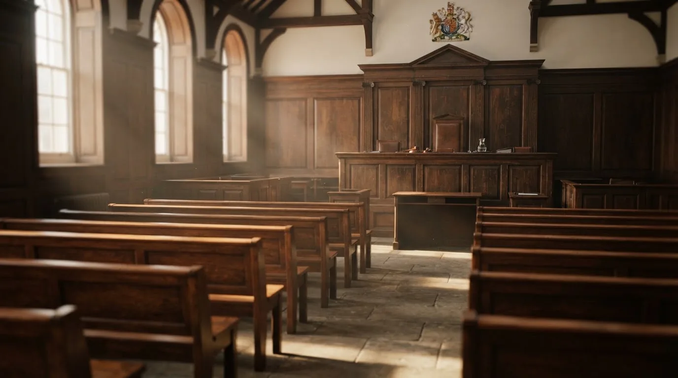 An empty courtroom with wooden benches in morning light
