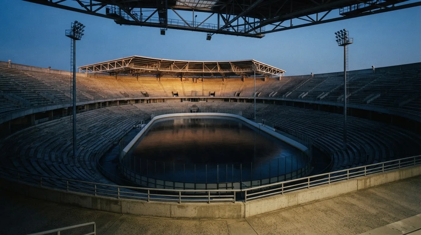 An empty football stadium with floodlight masts at dusk