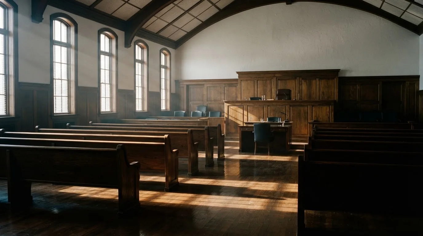 An empty courtroom with wooden benches in morning light