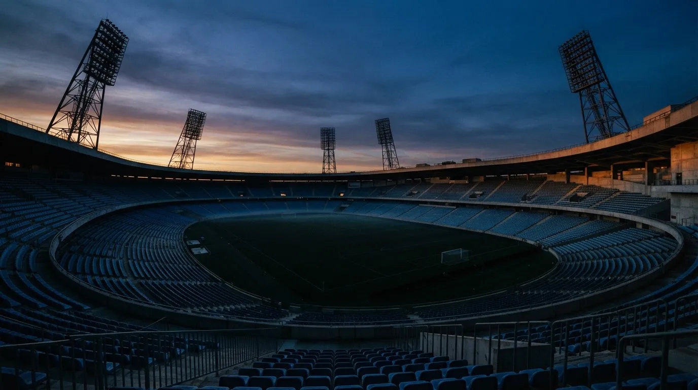 An empty football stadium with floodlight masts at dusk