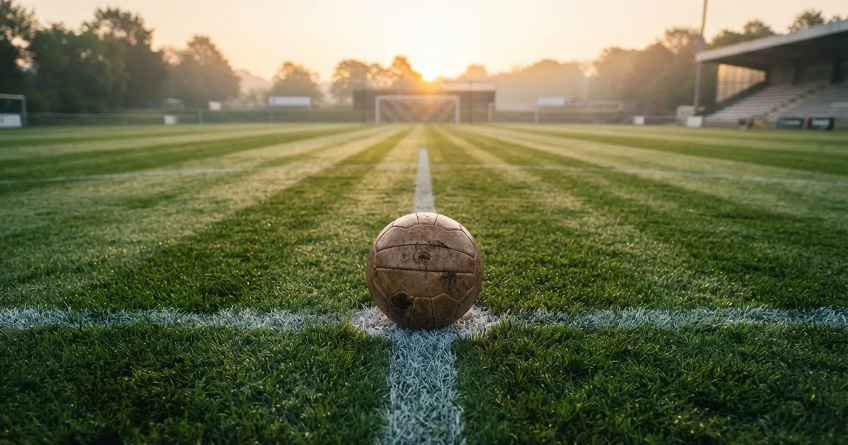 A ball on the centre spot of a grass pitch in morning light