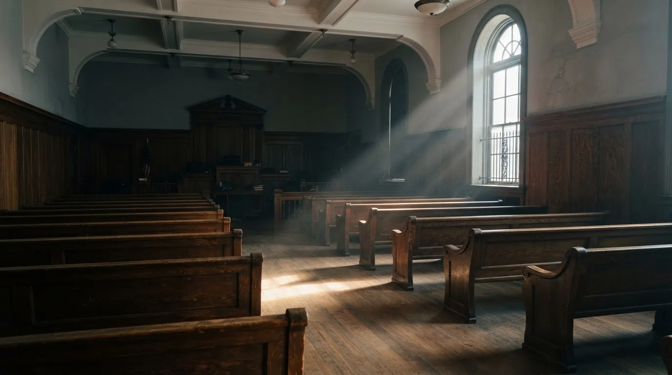 An empty courtroom with wooden benches in morning light
