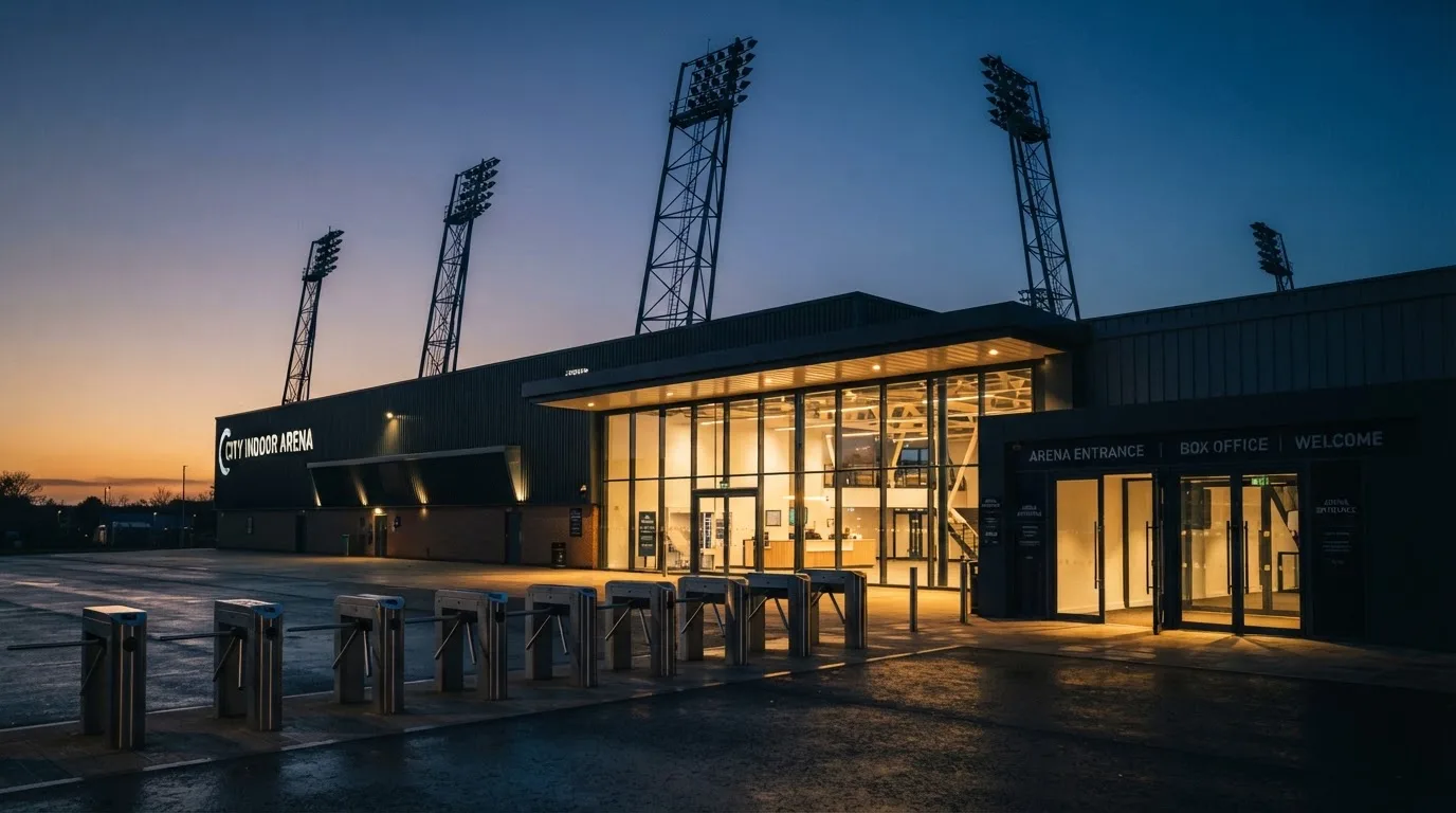 An empty football stadium with floodlight masts at dusk
