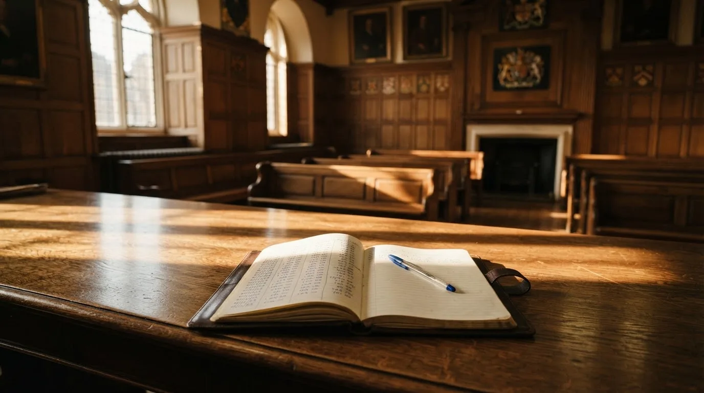 An empty courtroom with wooden benches in morning light