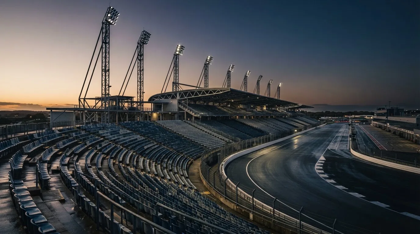 An empty football stadium with floodlight masts at dusk