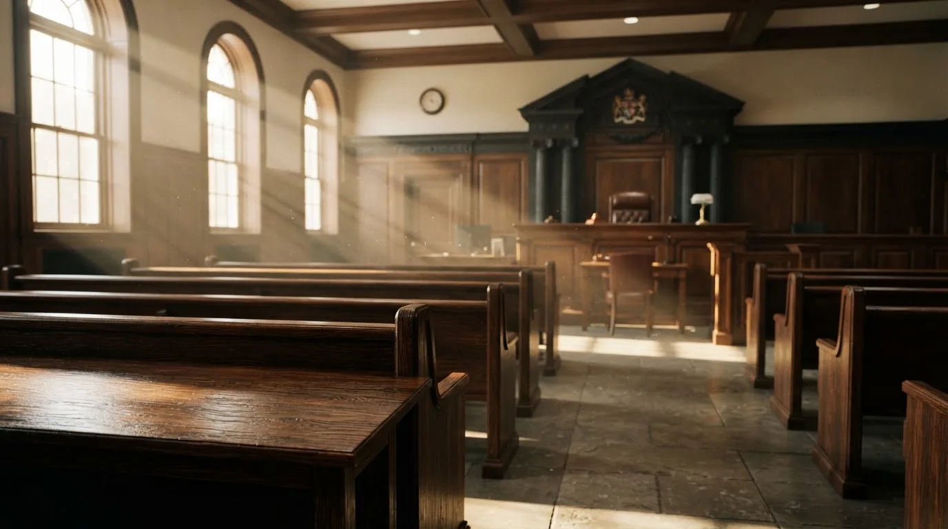 An empty courtroom with wooden benches in morning light