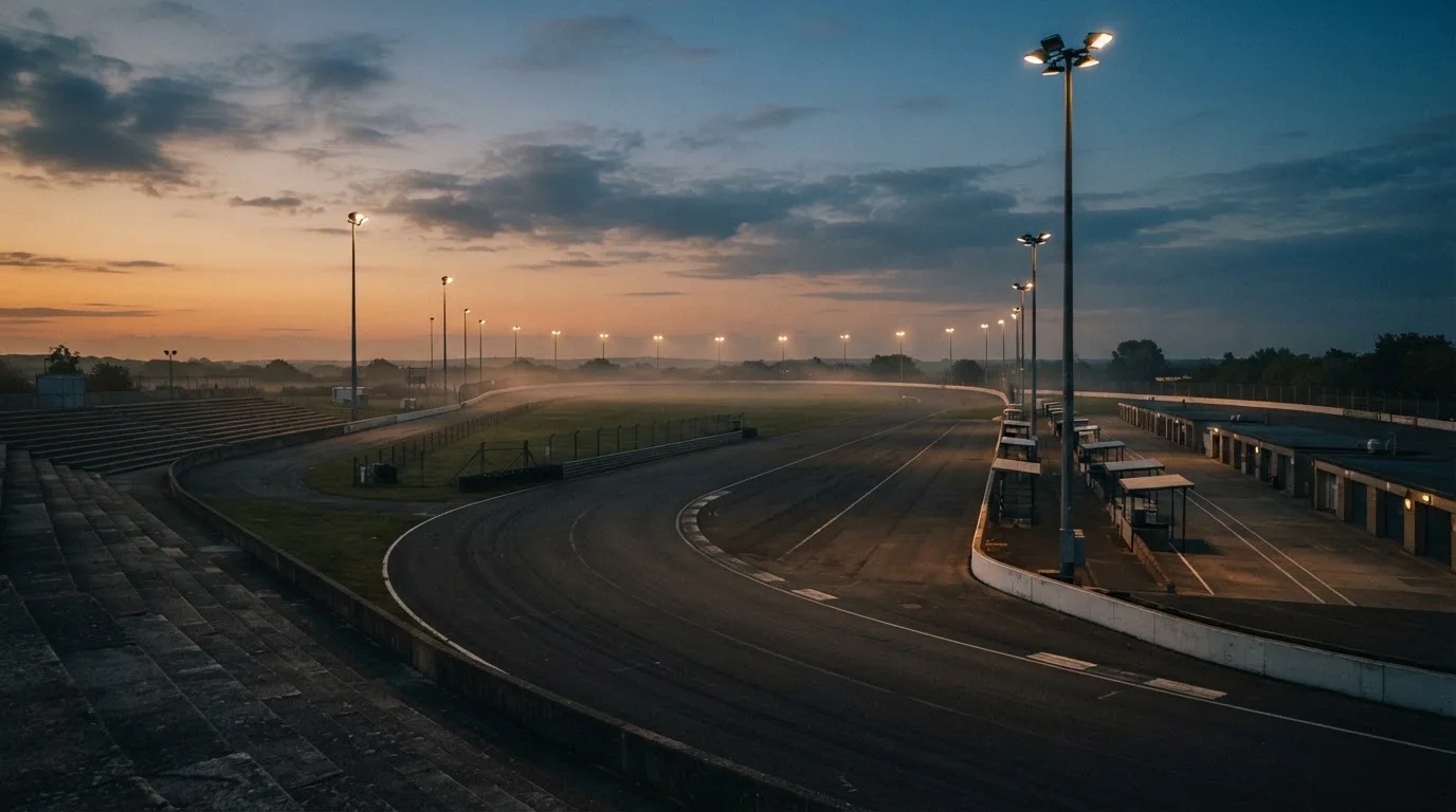 An empty football stadium with floodlight masts at dusk