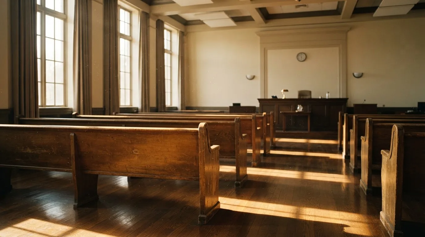 An empty courtroom with wooden benches in morning light