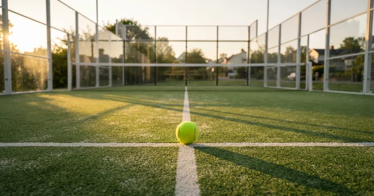 A ball on the centre spot of a grass pitch in morning light