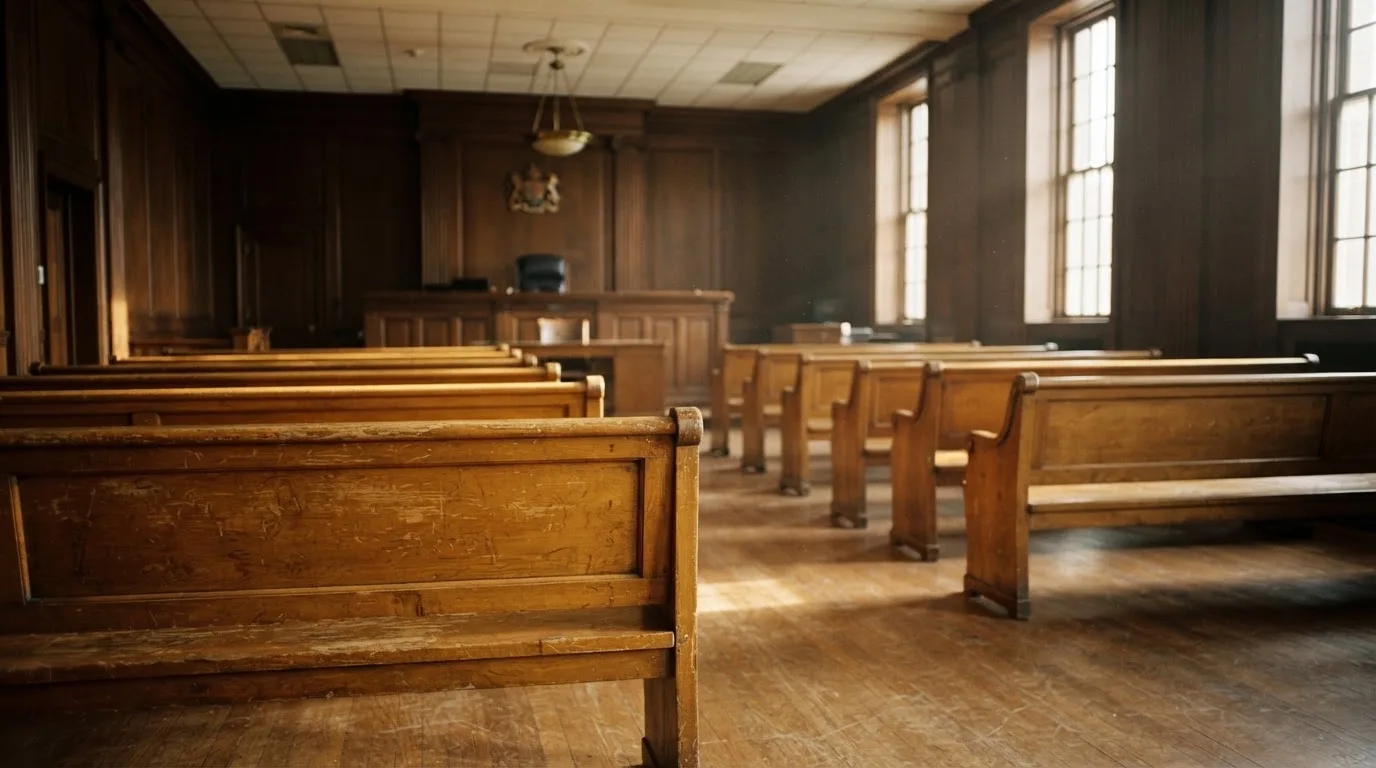 An empty courtroom with wooden benches in morning light
