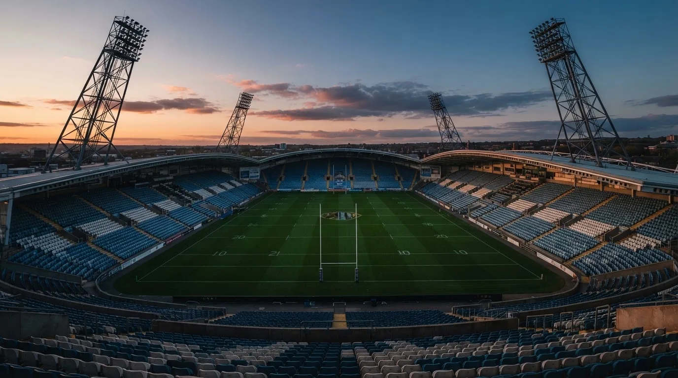 An empty football stadium with floodlight masts at dusk