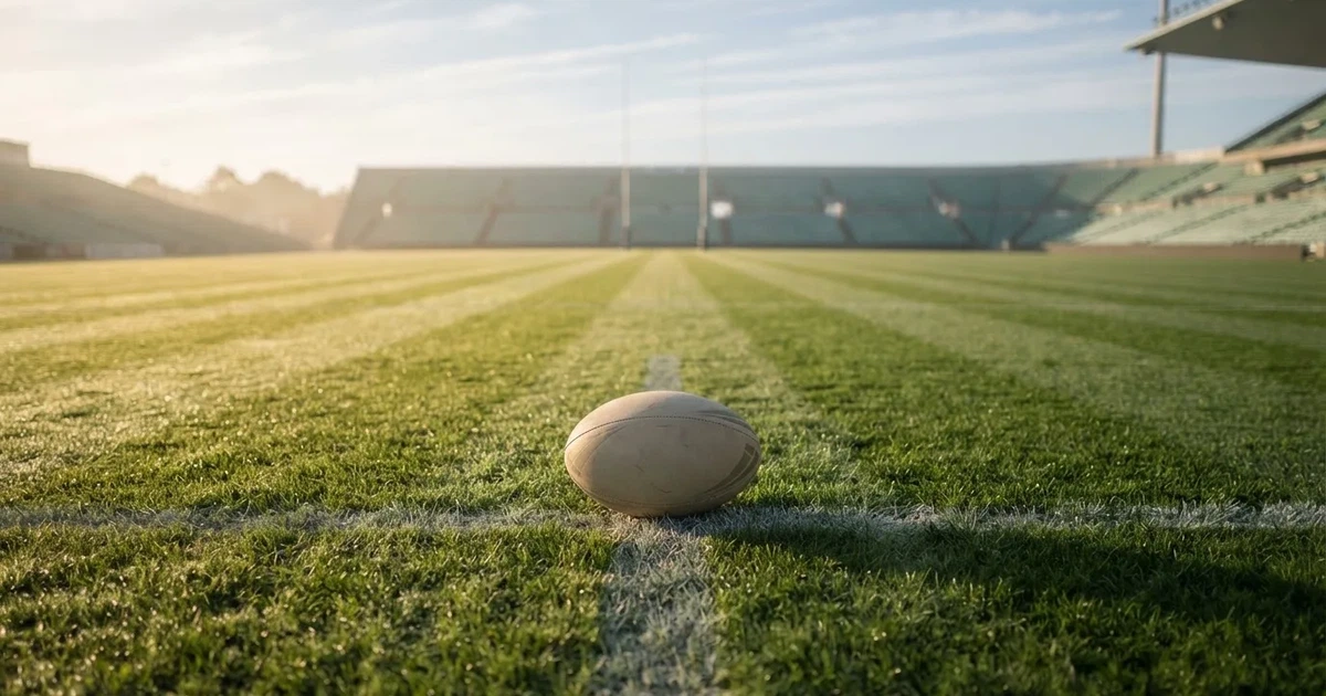 A ball on the centre spot of a grass pitch in morning light