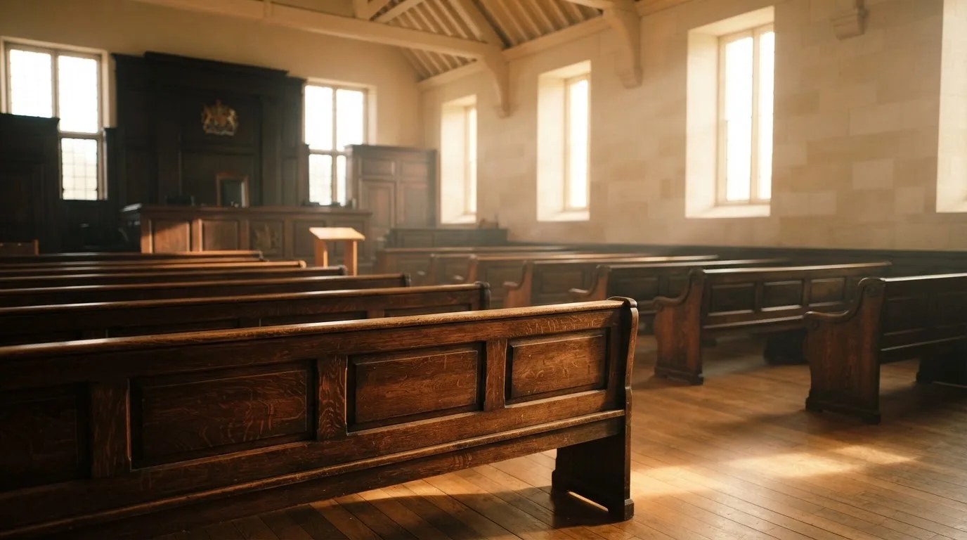 An empty courtroom with wooden benches in morning light