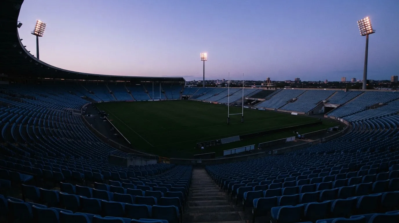 An empty football stadium with floodlight masts at dusk