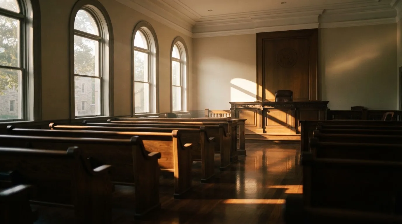An empty courtroom with wooden benches in morning light
