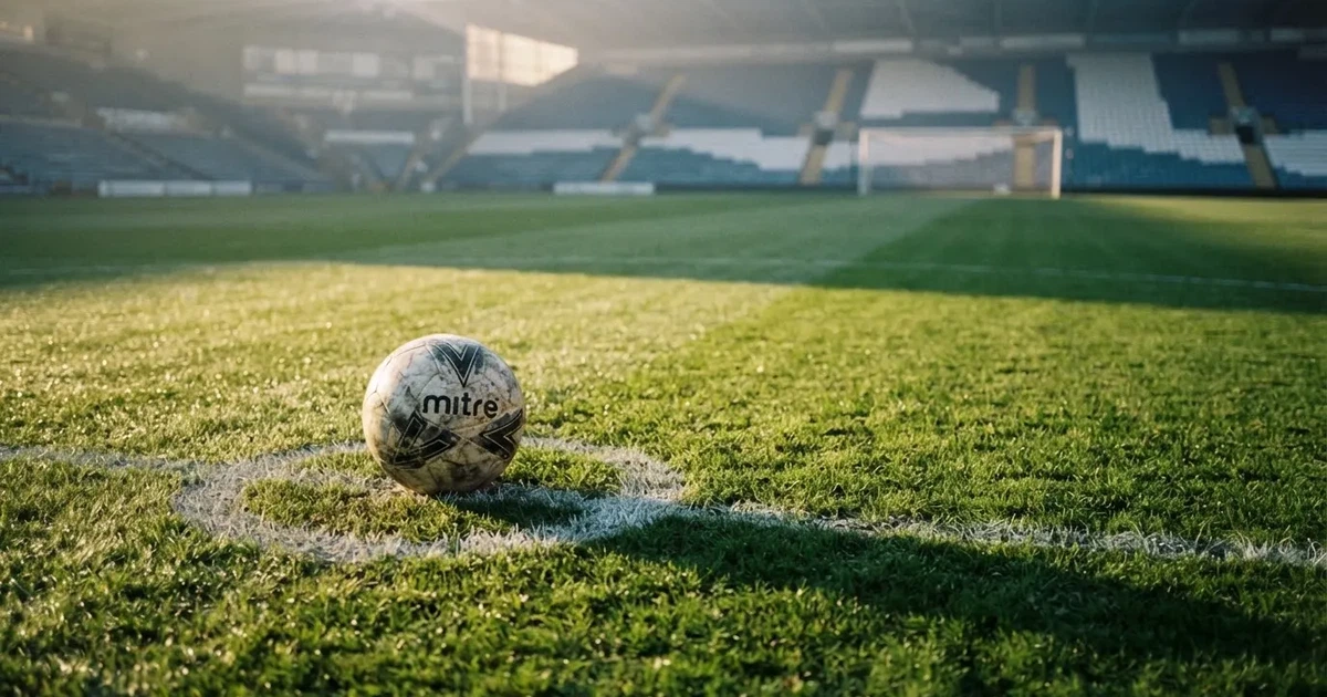 A ball on the centre spot of a grass pitch in morning light