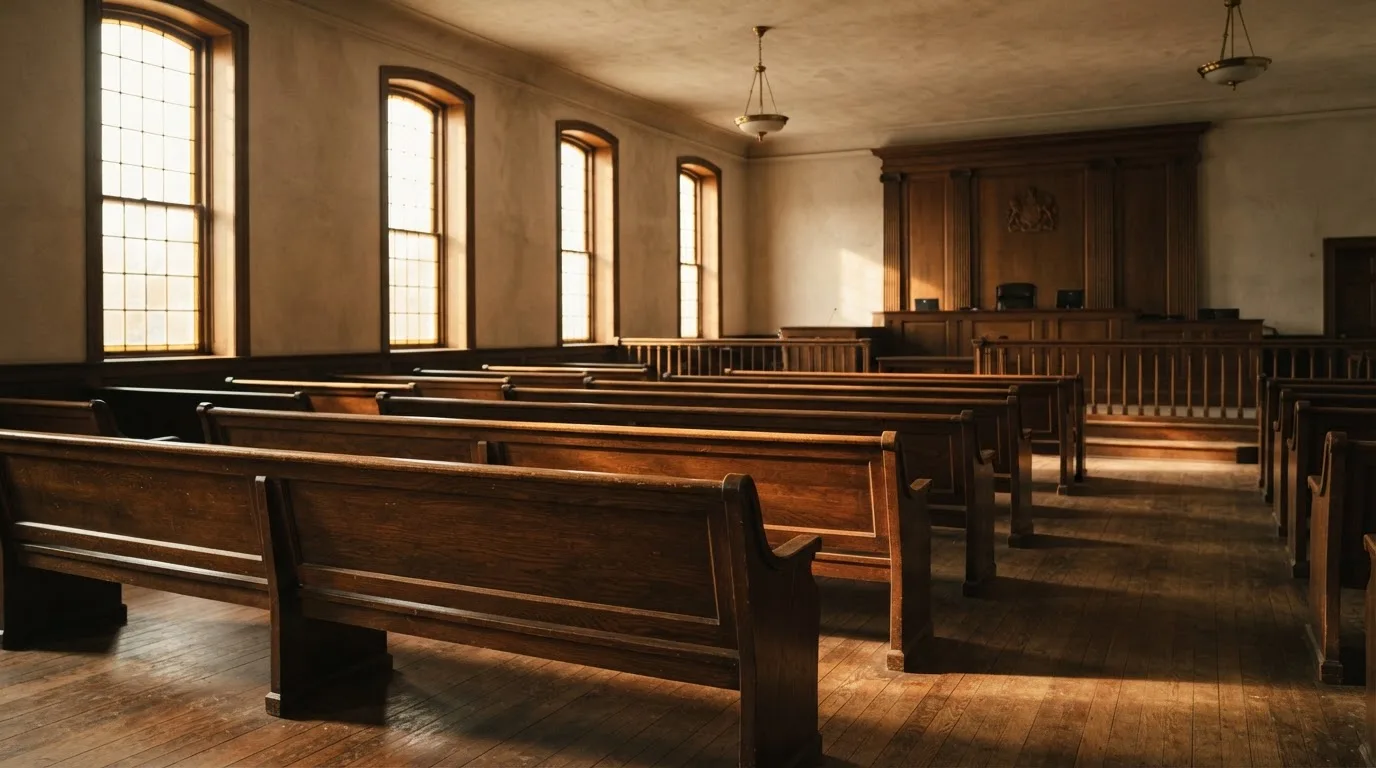 An empty courtroom with wooden benches in morning light