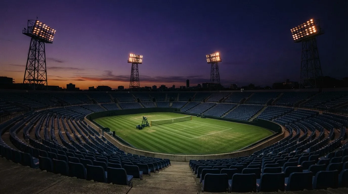 An empty football stadium with floodlight masts at dusk