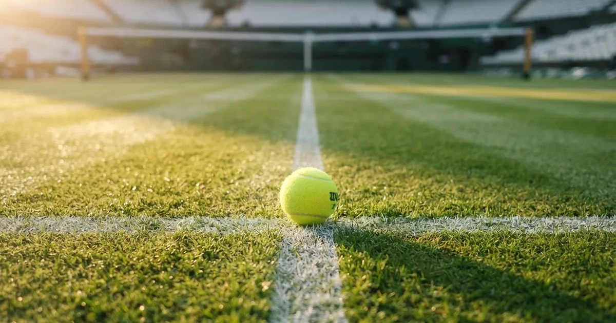 A ball on the centre spot of a grass pitch in morning light