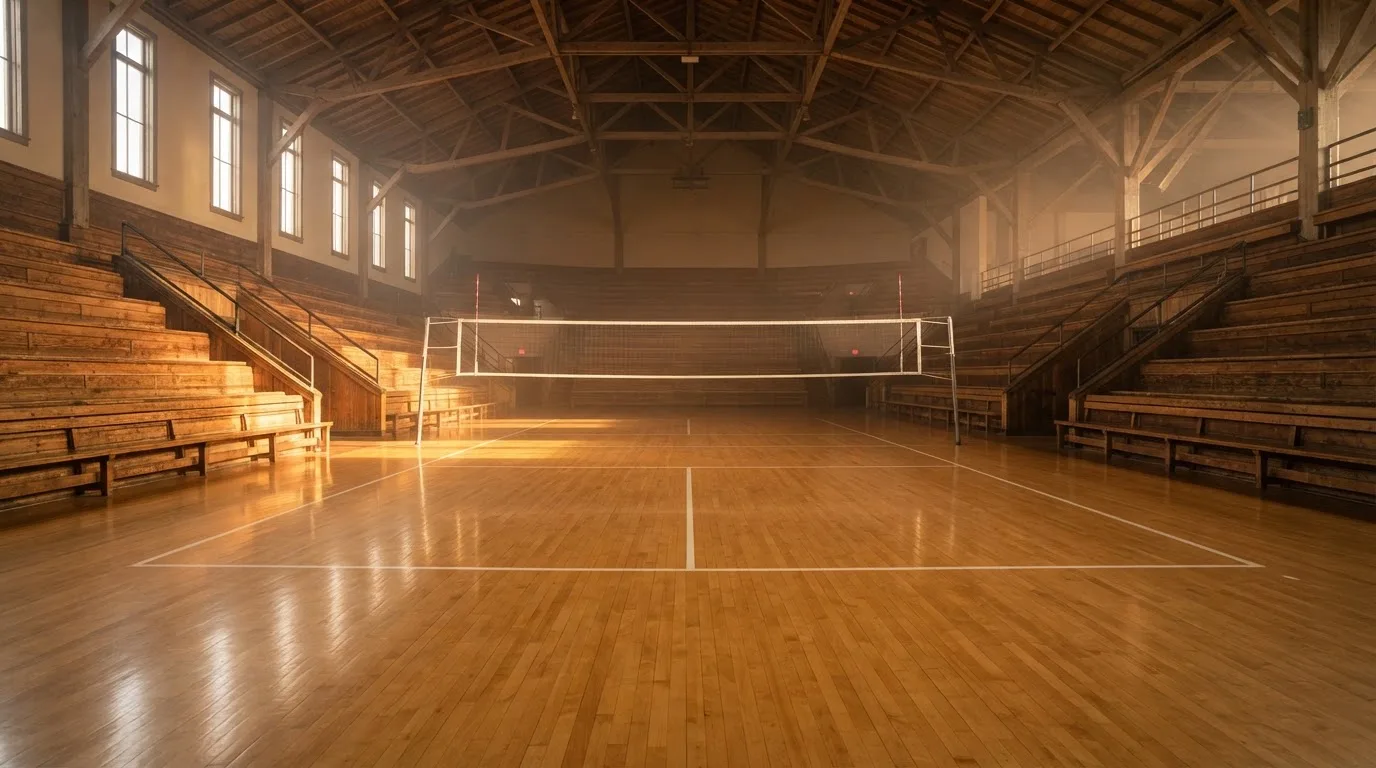 An empty courtroom with wooden benches in morning light