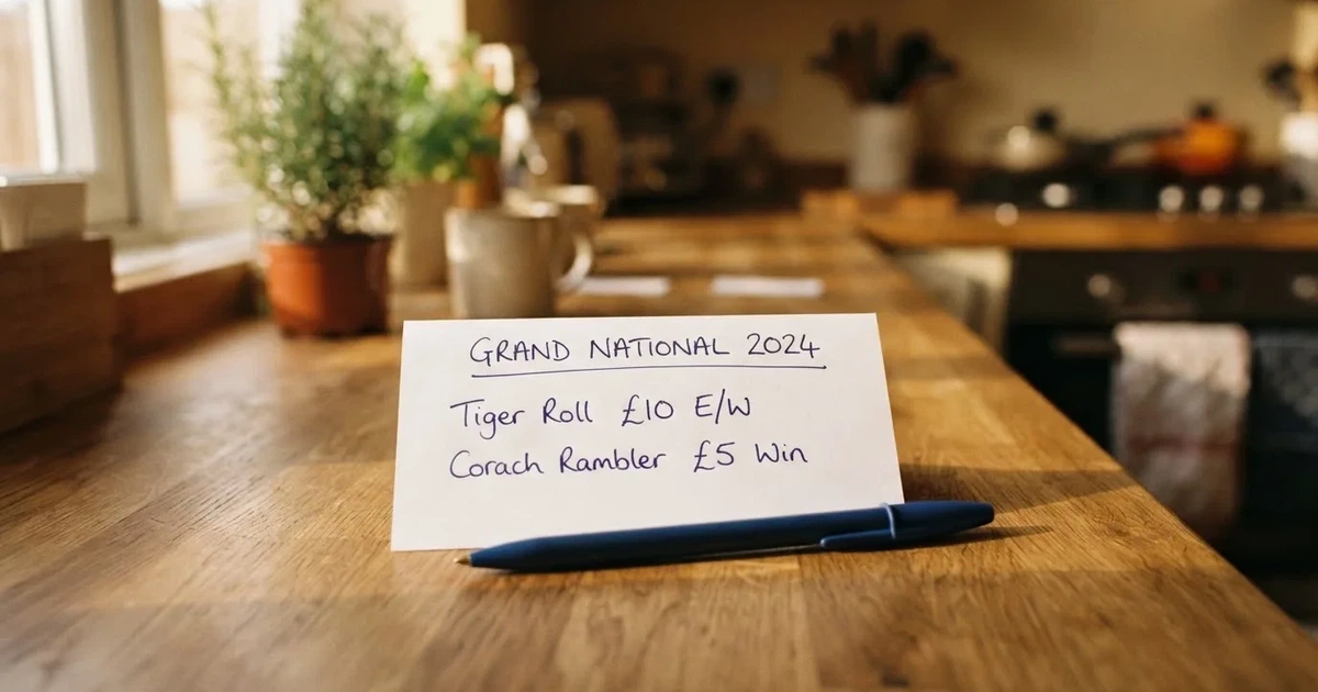A blank paper betting slip beside a pen on a wooden counter
